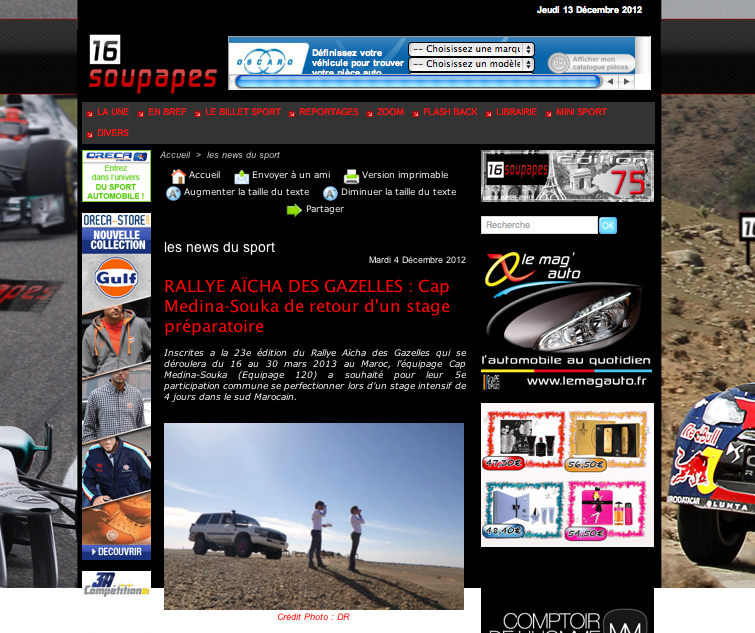 Revue de presse rallye des gazelles team 120 article paru dans 16 Soupapes du 4 décembre 2012